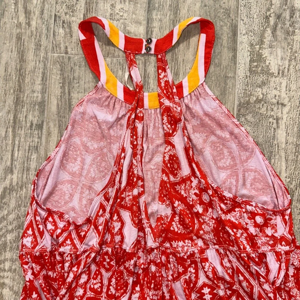 Free People Red Pink Medallion Print Halter Mini Dress Racerback Striped Trim L